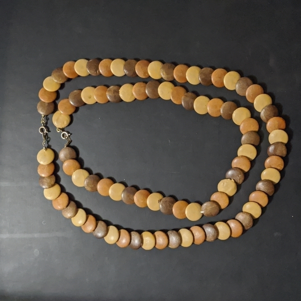 Set of 2 Tri Color Brown Tan Overlapping Wooden Disc Statement Necklaces